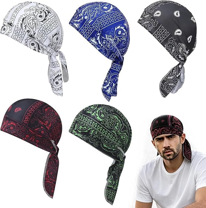 5Pack Bandana Caps for Men, Skull Cap,Elastic Sports Cap with Elastic Fit & Adjustable Straps for Biking Hiking Gym Work Construction and Outdoor Environments Supporting Different Active Lifestyles