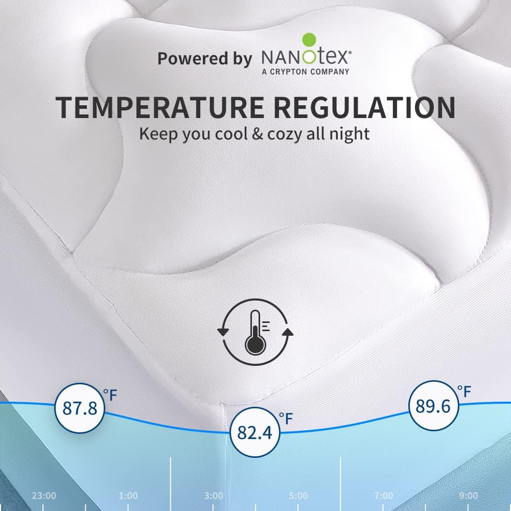 SLEEP ZONE Cooling Mattress Topper Queen Mattress Pad, Quilted Fitted Mattress Cover, Machine Washable, Soft Fluffy Down Alternative, Deep Pocket 8~21 inch (White, Queen)