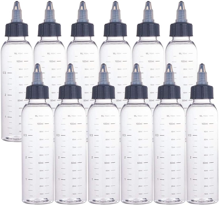 BENECREAT 12 Pack 110ml Transparent Plastic Dispensing Bottle with Twist Cap and Graduated Measurement for Liquids, Inks, Oils, Arts and Crafts