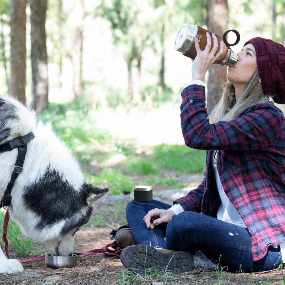 Asobu Buddy Bottle a Stainless Steel Insulated Water Bottle for with Removable Dog Water Bowl and Dog Food and Treat Storage Bowl (Wood, 37 oz Water Bottle with Bowl)
