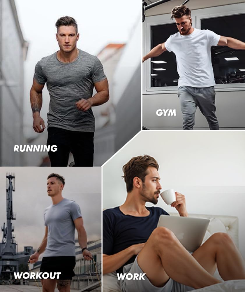 BOOJO 5 Pack Workout Shirts for Men-Quick Dry Black Gym Moisture Wicking Short Sleeve T-Shirts for Running Athletic Casual