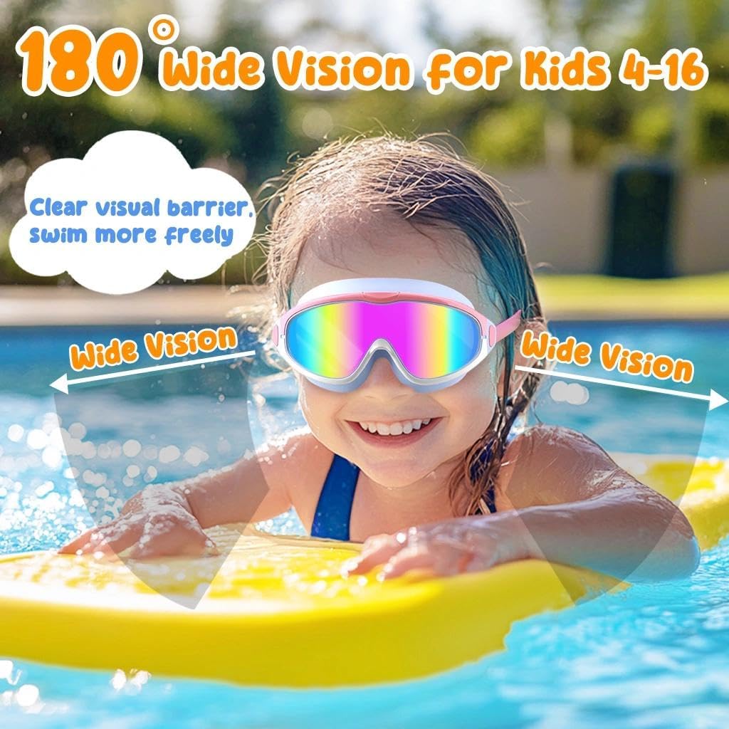 COOLOO 2 Pack Kids Goggles 4-16, Wide View No Leaking Kids Swim Goggles