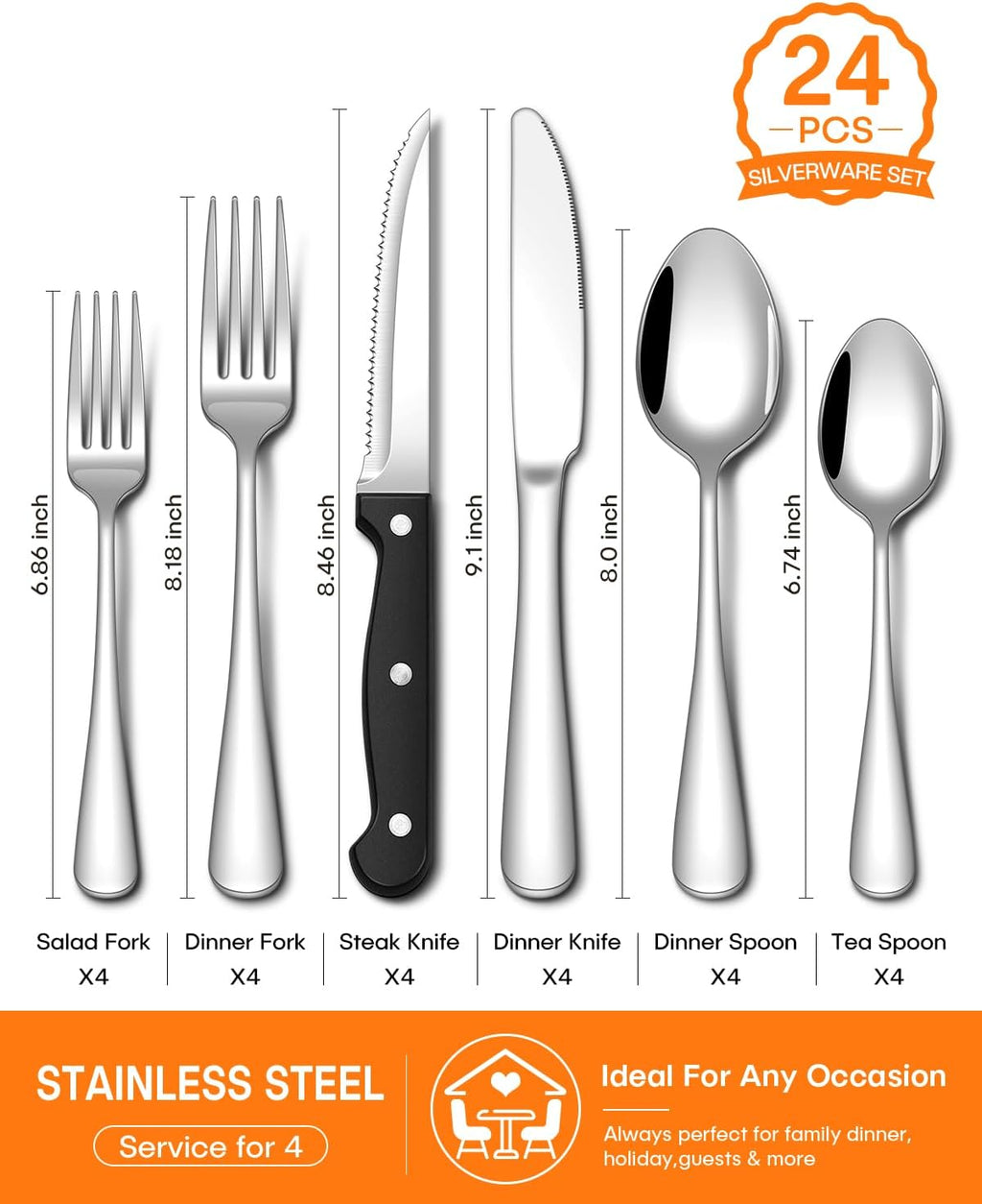 EUIRIO 24 Piece Silverware Set with Steak Knives Food Grade Stainless Steel Flatware Set for 4 Cutlery Utensil Set Includes Knife Spoon and Fork Mirror Polished Dishwasher Safe for Home Restaurant