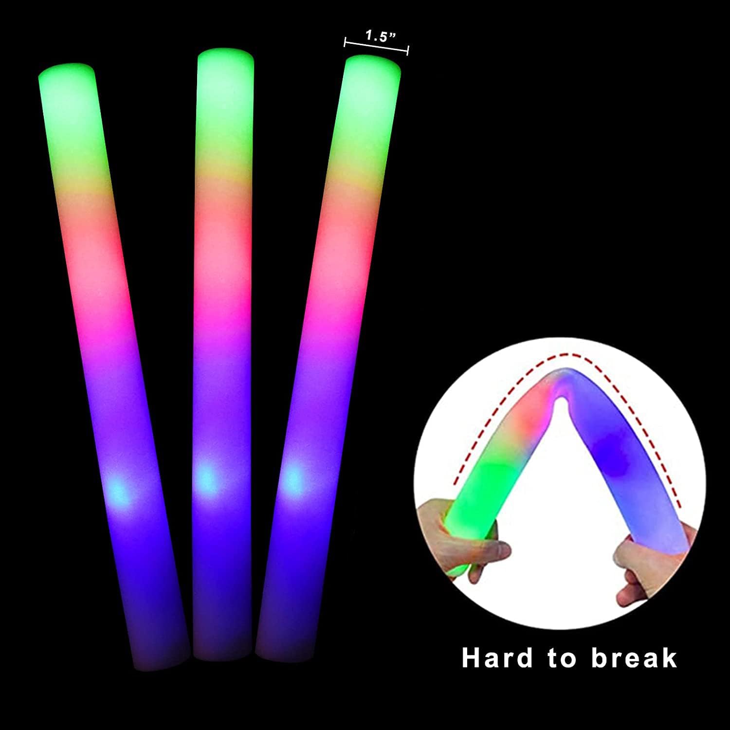 EXCECAR Foam Glow Sticks, 50 Pcs LED Foam Sticks with 3 Modes Colorful Flashing, Glowing in The Dark Party Supplies for Wedding Birthday Raves Concert Festivals Sporting Events