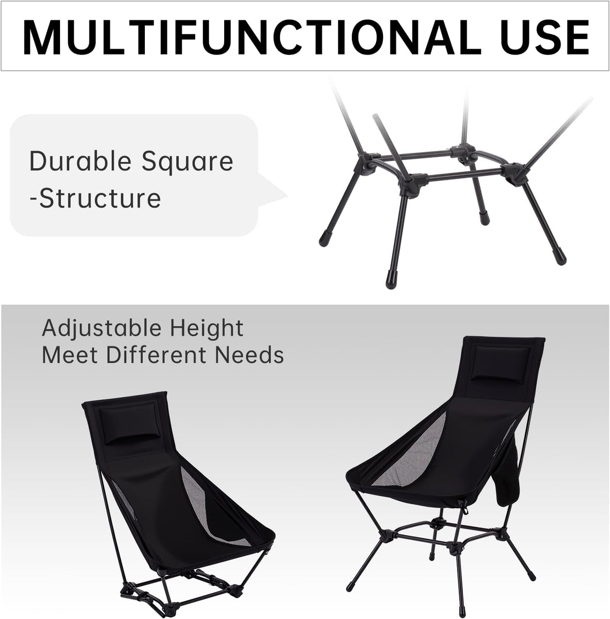 High Back Camping Chair with Pillow, 2-in-1 Height Adjustable, Heavy Duty