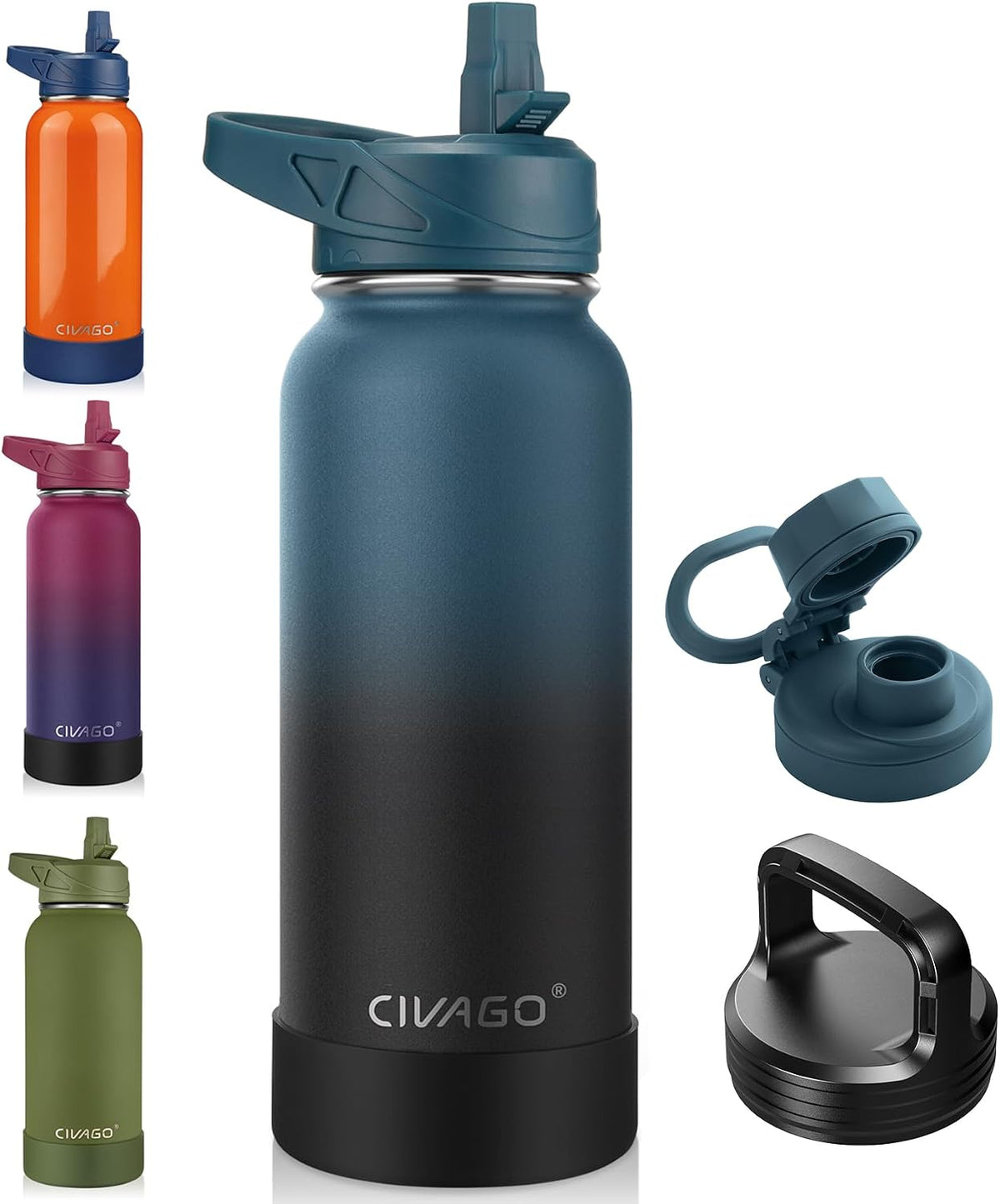 CIVAGO 64 oz Insulated Stainless Steel Water Bottle With Straw and 3 Lids