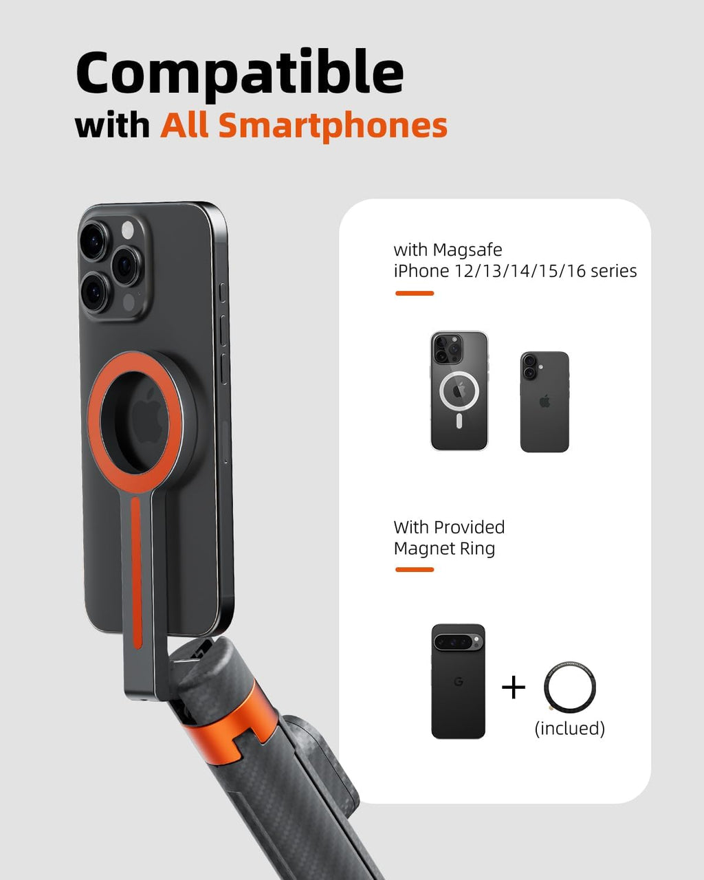 TODI 65" Magnetic Tripod for iPhone with Remote, Selfie Stick for iPhone Magsafe, Cell Phone Tripod Stand for Recording, Travel Tripod Compatible with 16/15/14/13/12 Series