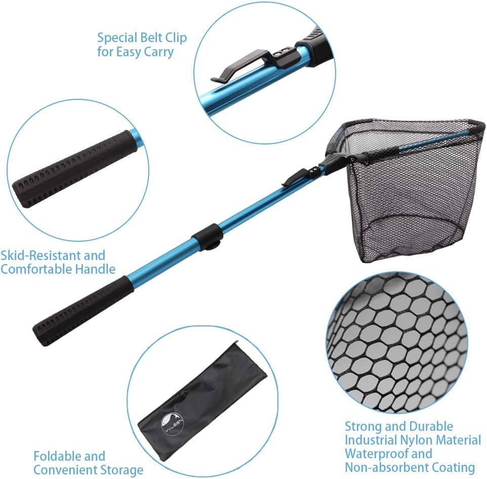 YVLEEN Folding Fishing Net - Foldable Fish Landing Net Robust Aluminum Telescopic Pole Handle and Nylon Mesh 16inch Hoop Size