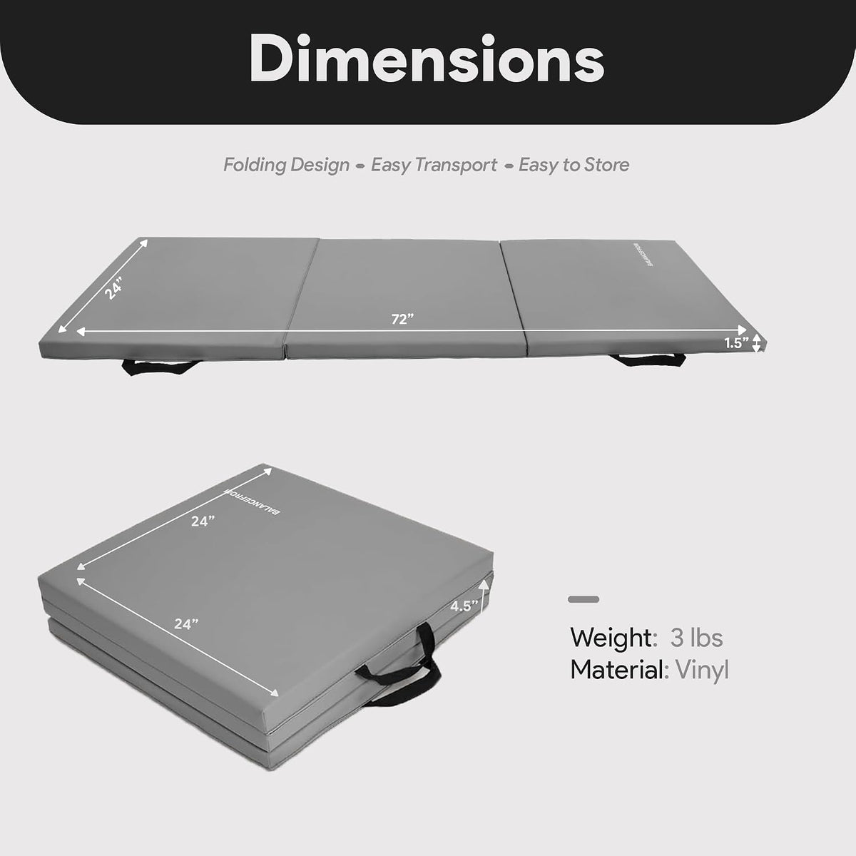 BalanceFrom 6x2 Feet 3-Panel Folding Gymnastics Mat – 1.5-Inch Thick Pad with Vinyl Surface and Carrying Handles for Tumbling, Yoga, Pilates, Home Workouts, and Martial Arts