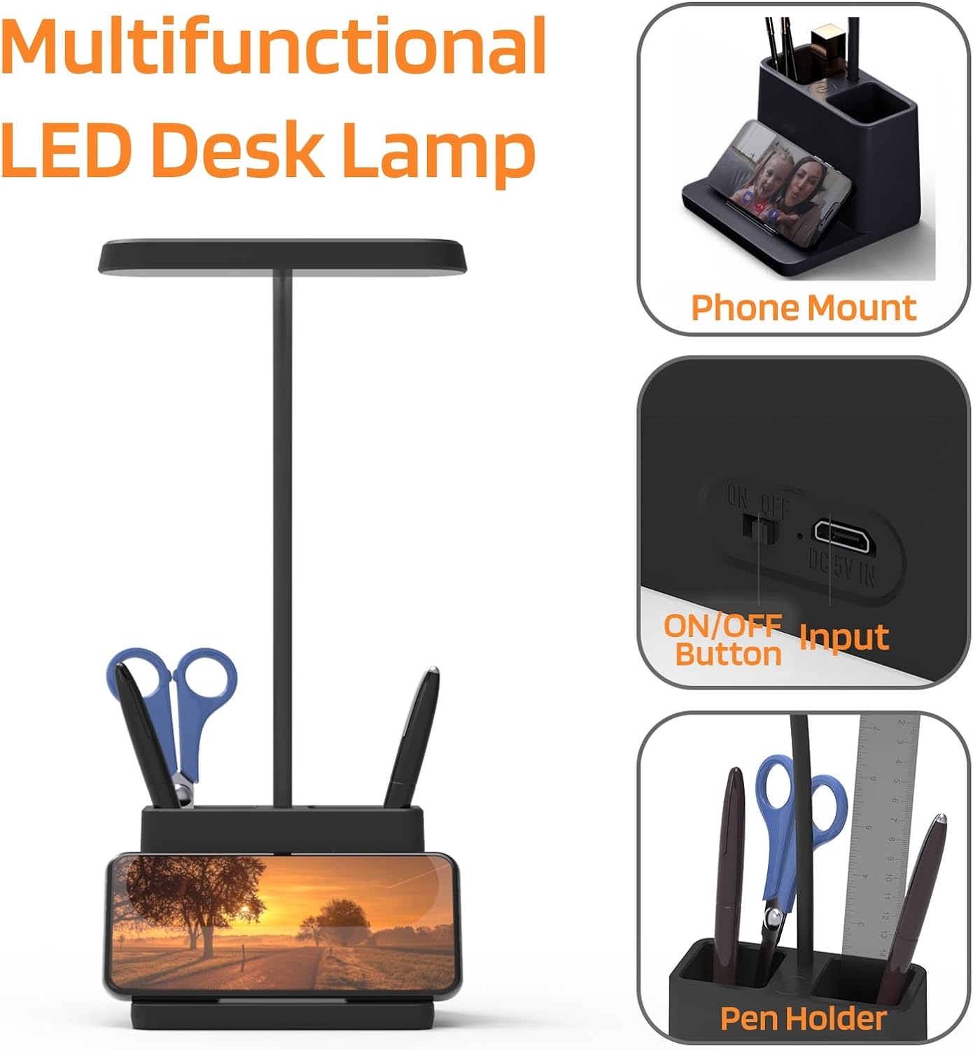 AXX Black LED Desk Lamp, Battery Operated Small Table Light for Dorm Room