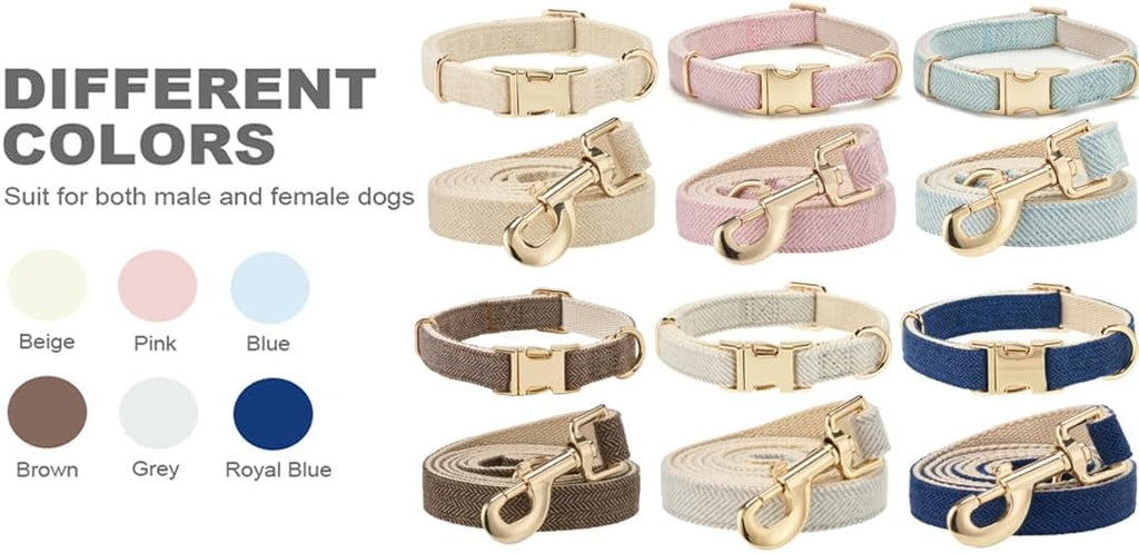 Soft Dog Collar and Leash Set Adjustable Woven Tweed Dog Collars with Metal Buckle and Lead for Small Medium Large Dogs,Grey