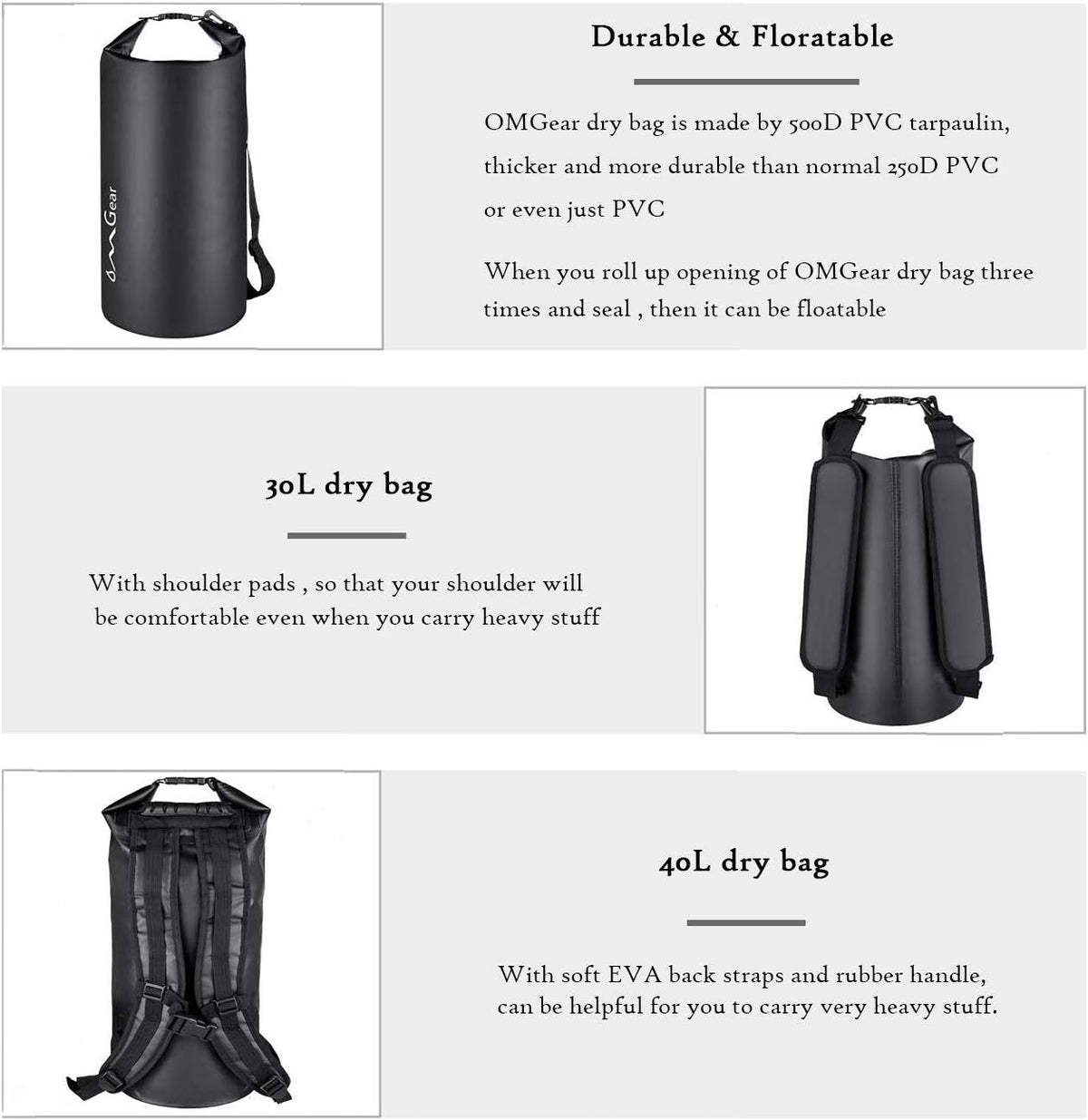 OMGear Waterproof Dry Bag Backpack Phone Pouch 40L/30L/20L/10L/5L Floating Dry Sack for Kayaking Boating Outdoors Activities