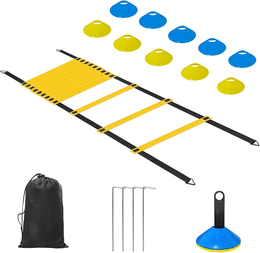 Hands Free Speed Agility Training Equipment Set - 20ft Agility Ladder, 10 Disc Cones, Resistance Parachute, 5 Resistance Bands & Carry Bag | Football Soccer Basketball Fitness Drills