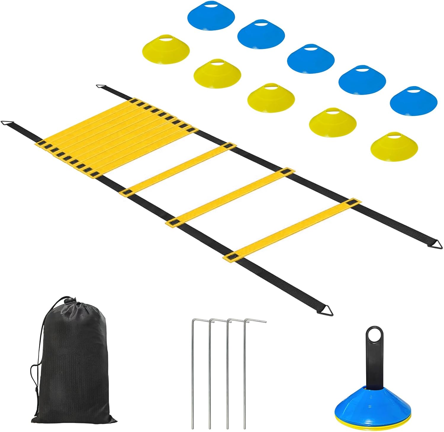 Hands Free Speed Agility Training Equipment Set - 20ft Agility Ladder, 10 Disc Cones, Resistance Parachute, 5 Resistance Bands & Carry Bag | Football Soccer Basketball Fitness Drills