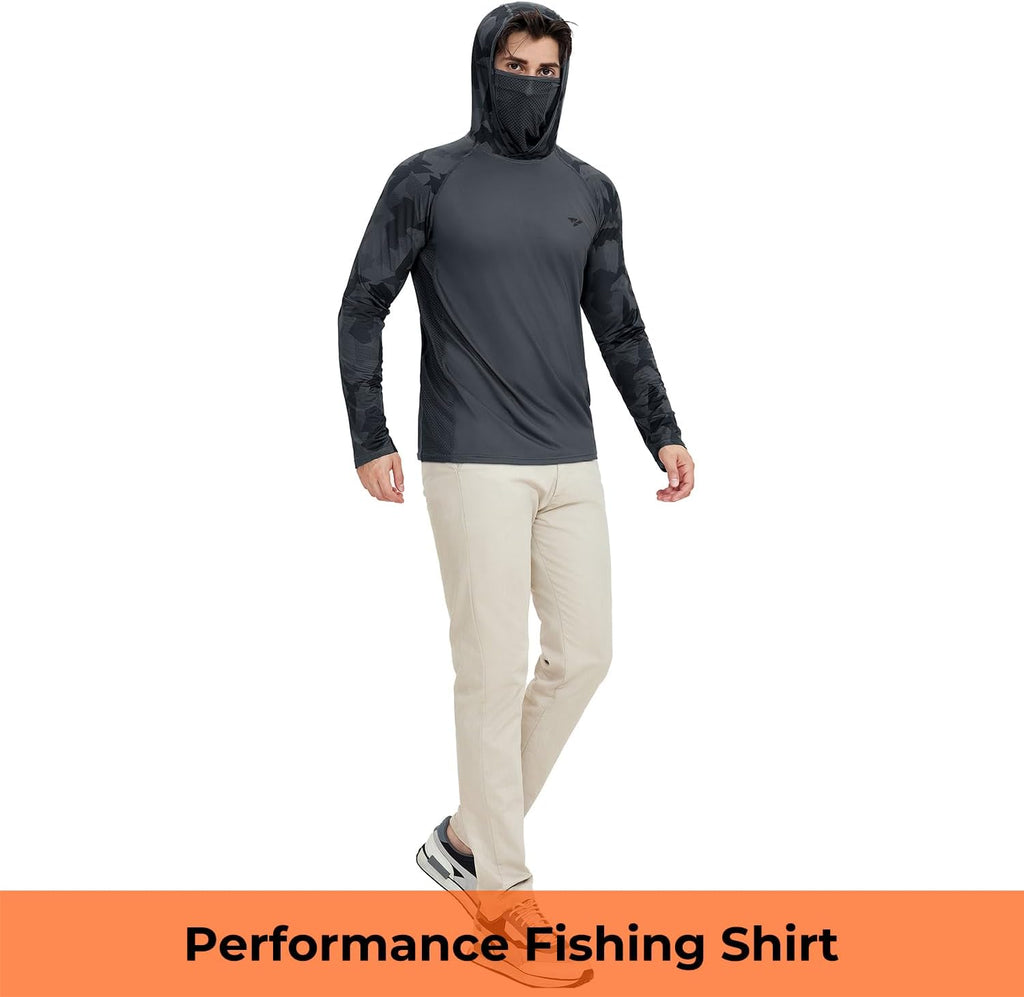 Rodeel UPF 50+ Men’s Long Sleeve Performance Fishing Hiking Shirt with Mask UV Neck Gaiter Hoodie