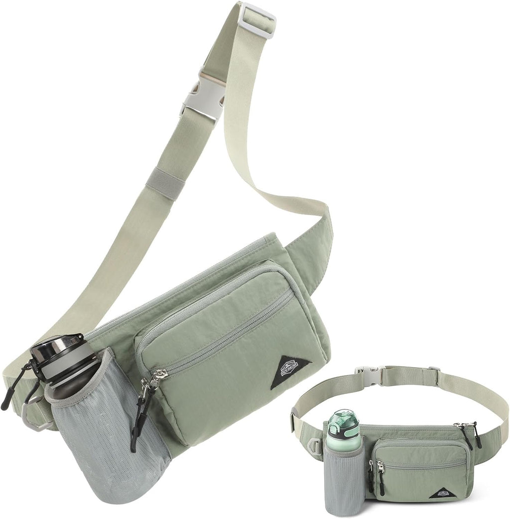 Fanny Pack with Water Bottle Holder for Men Women Waist Bag Running Waist Pack Waterproof for Outdoor Travel Cycling Climbing Walking Fit All Phones (Bottle Not Included) (Beige)
