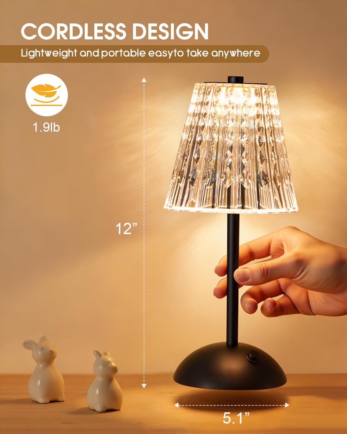 Nusogon Rechargeable Cordless Table Lamp, Touch Control Crystal Desk Lamp