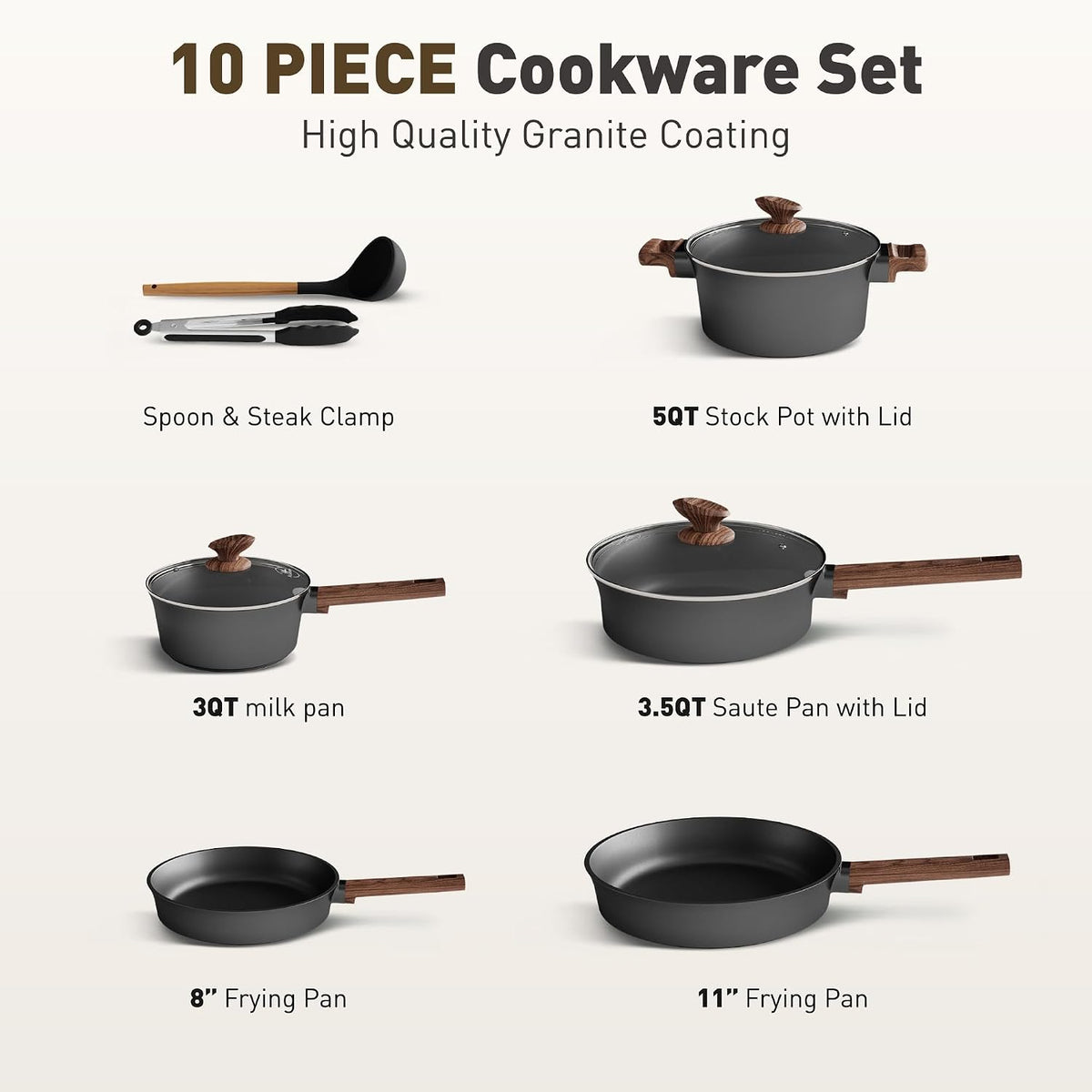DishDelight 10PCS Ceramic Pots and Pans Set, Kitchen Induction Cookware Set
