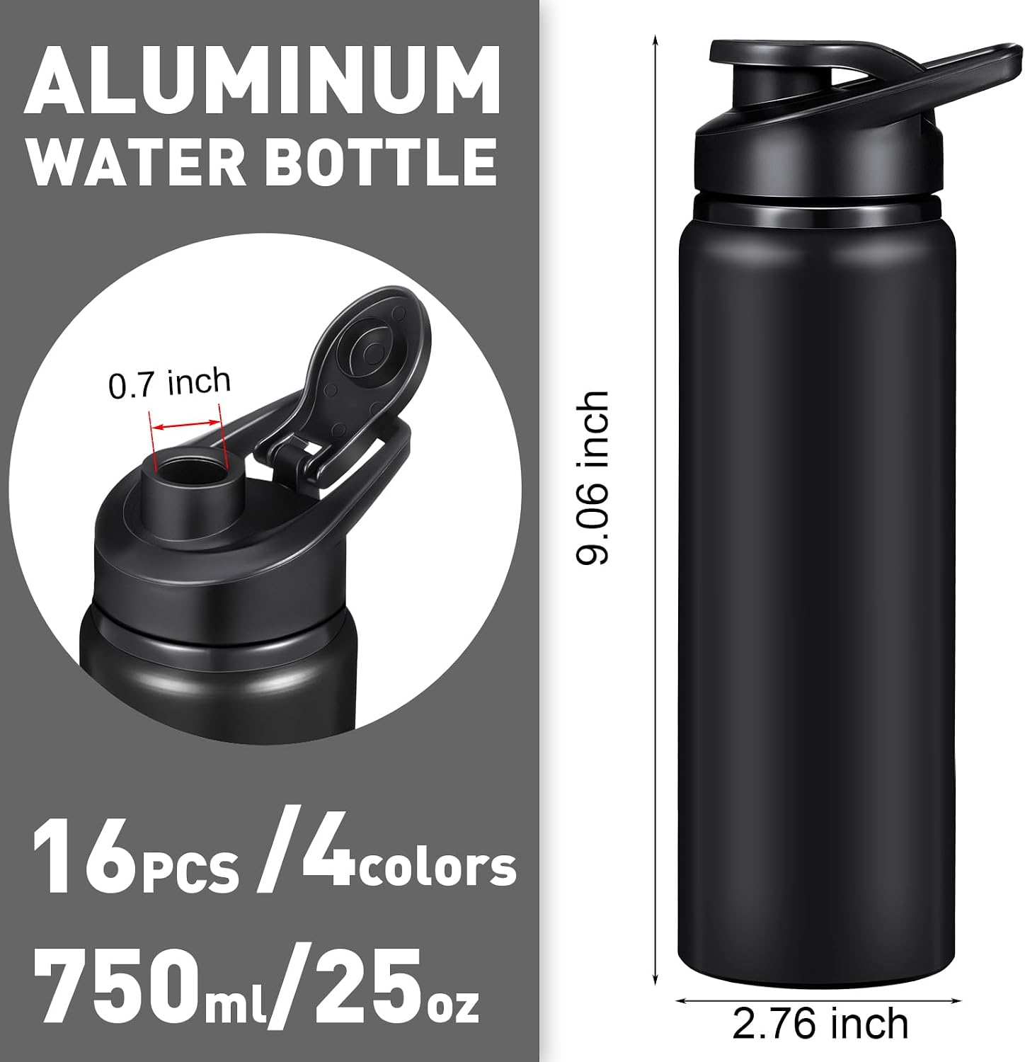 Mimorou 16 Pack Aluminum Water Bottles Bulk,Blue, Black, Red, Gray,25 Oz