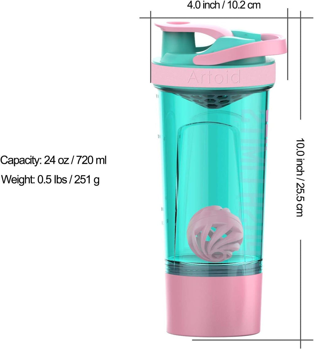 Artoid Mode Fitness Workout Sports Protein Shaker Bottle 24-Ounce, Dual Mixing Technology with Shaker Balls & Mixing Grids Included, Twist and Lock Protein Box Storage Included