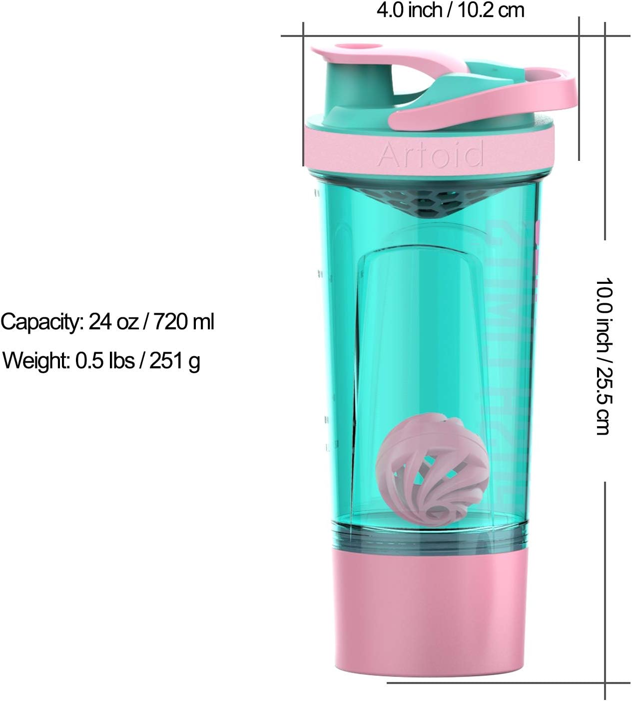 Artoid Mode Fitness Workout Sports Protein Shaker Bottle 24-Ounce, Dual Mixing Technology with Shaker Balls & Mixing Grids Included, Twist and Lock Protein Box Storage Included