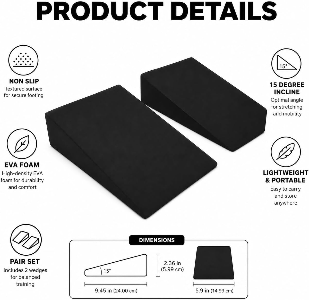 Foam Wedge Slant Board, 2 Pcs Update Squat Wedge Incline Block, 15 Degree Yoga Wedge for Squats Calf Stretching Ankle Exercise and Daily Workout