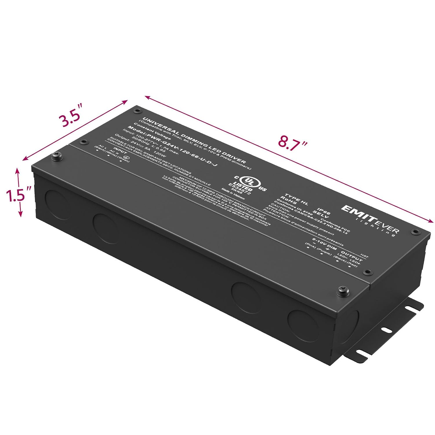 EMITEVER 120W 24V 5-in-1 Dimmable LED Driver,AC 110-277V to DC Transformer