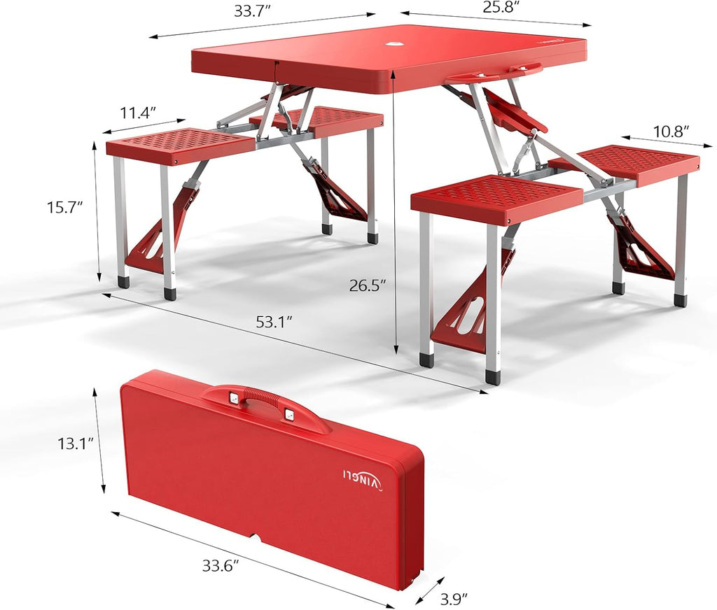 VINGLI 4 Ft Portable Folding Picnic Table Camping Table Foldable Set with 4 Seats with Umbrella Hole Suitcase Card Table-220 Lbs Support Aluminum Frame, Plastic RV Tabletop for Yard, Travel