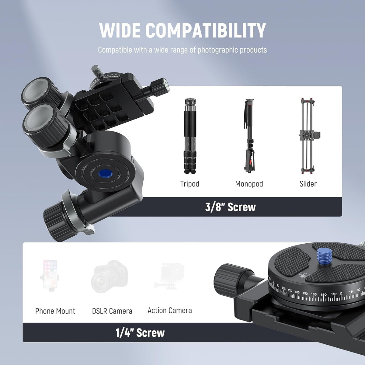 NEEWER 3 Way Geared Tripod Head with 360° Panoramic Arca QR Plate, TH15