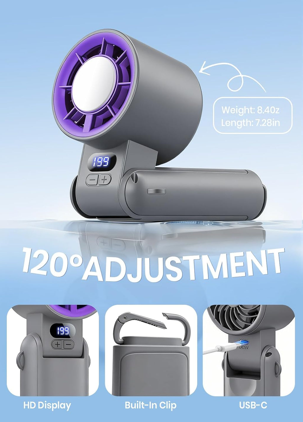 Portable Handheld Turbo Fan, 1-199 Speed Adjustable, Grey Purple