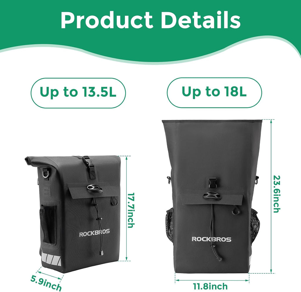 ROCKBROS Bike Panniers Waterproof 18L Detachable Shoulder Straps