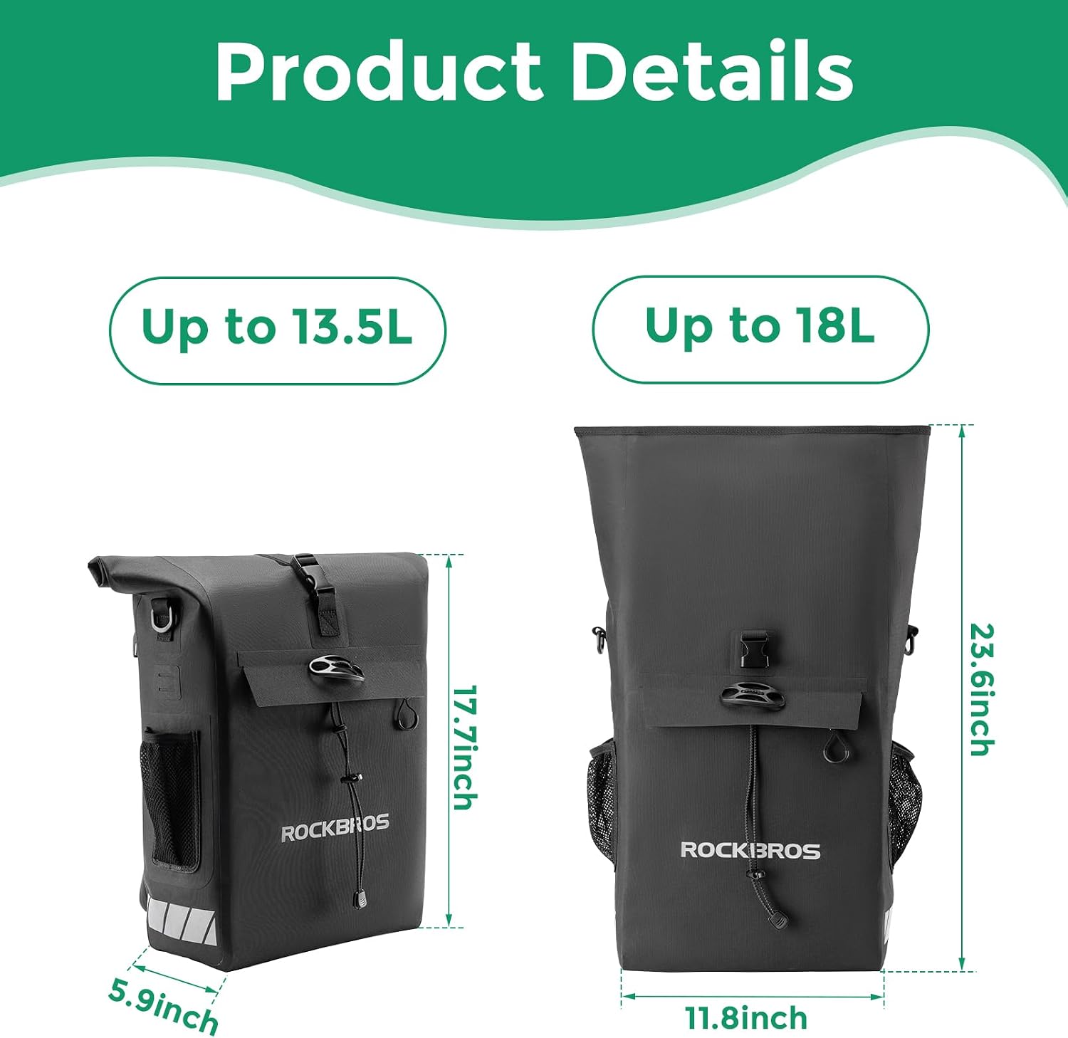 ROCKBROS Bike Panniers Waterproof 18L Detachable Shoulder Straps