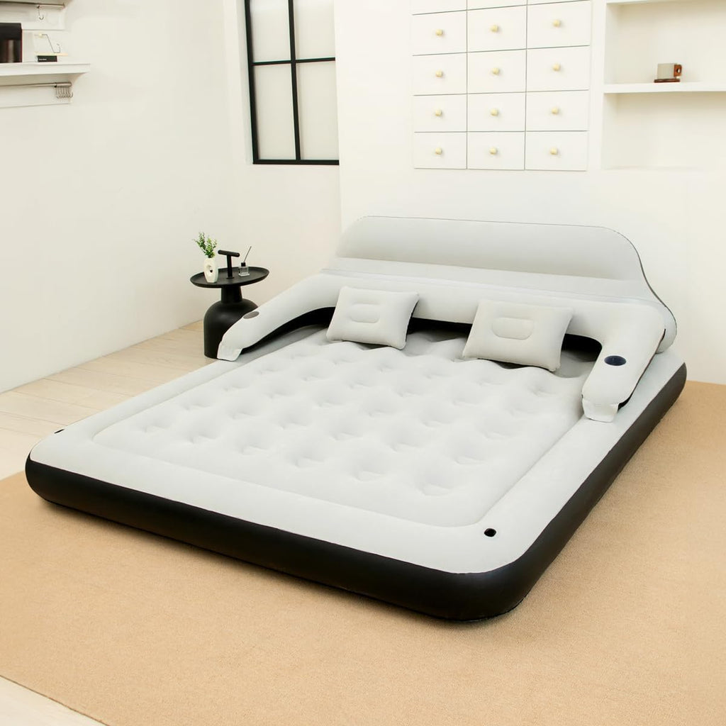 Air Mattress with Headboard and Pillows, Inflatable Blow Up Bed with Flocked Top, Portable Air Bed for Indoor/Outdoor Sleeping Pad for Living Room, Camping, Travel