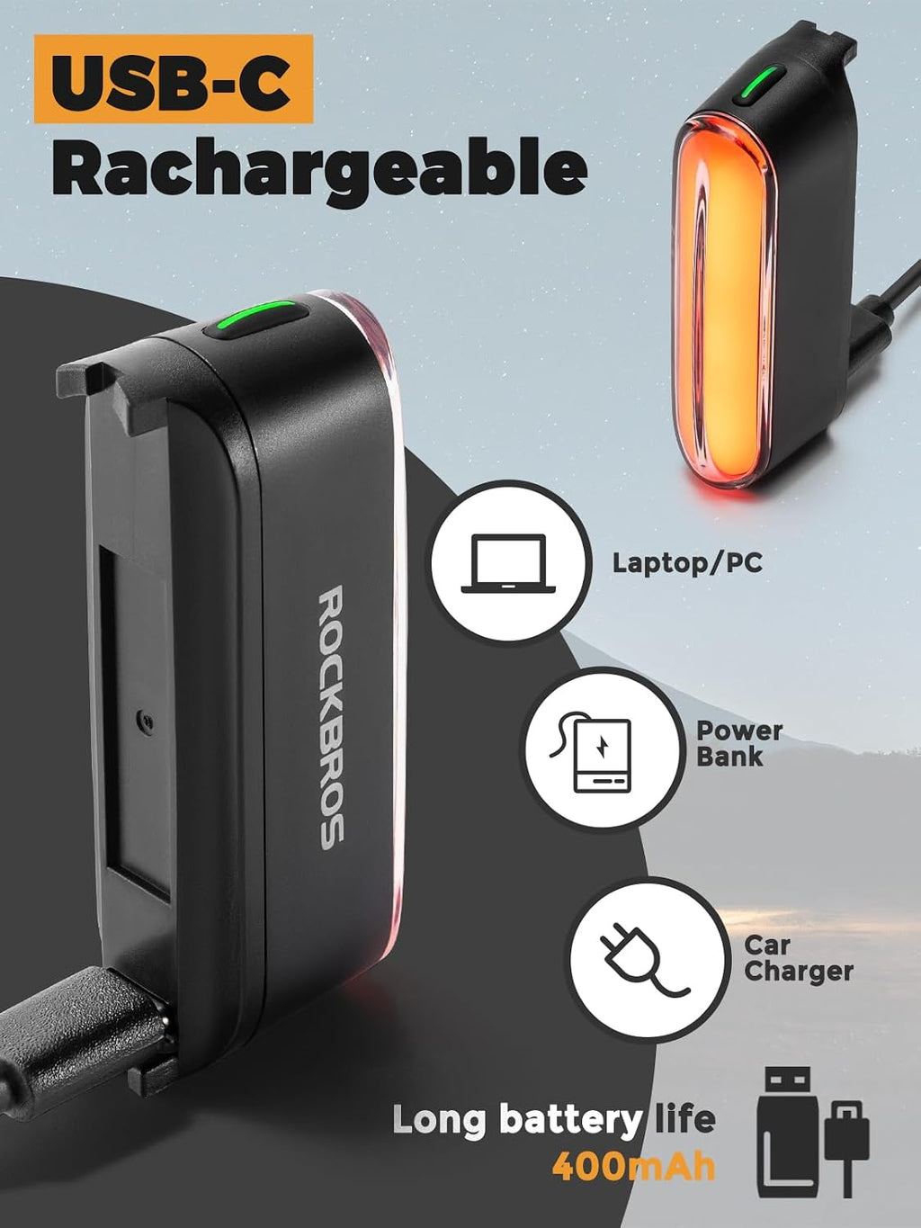 ROCKBROS Magnetic Bike Tail Light,Rechargeable,IPX6 Waterproof,7 Modes