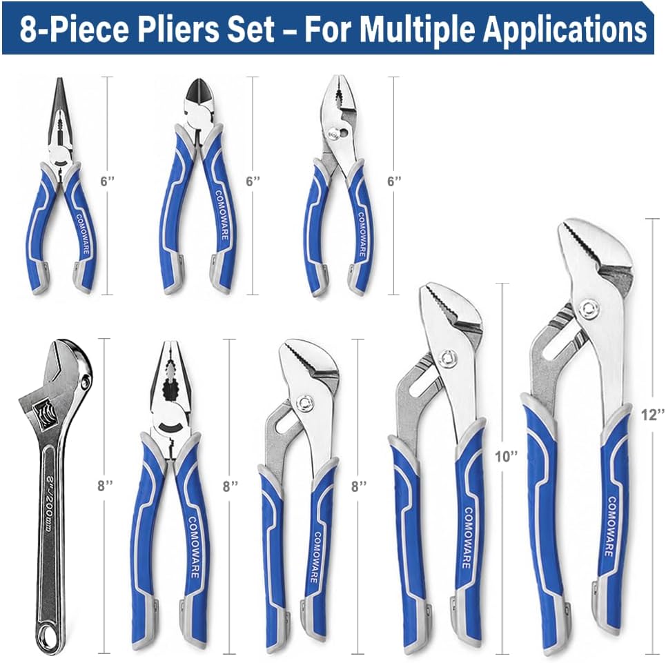 COMOWARE 8Pcs Pliers Set, 12", 10", 8" Groove Joint Pliers, 8" Adjustable Wrench, 8" Linesman, 6" Long Needle Nose, 6" Slip Joint, 6" Diagonal, Roll-Up Pouch Organizer, Rust-proof Black Oxide Coating