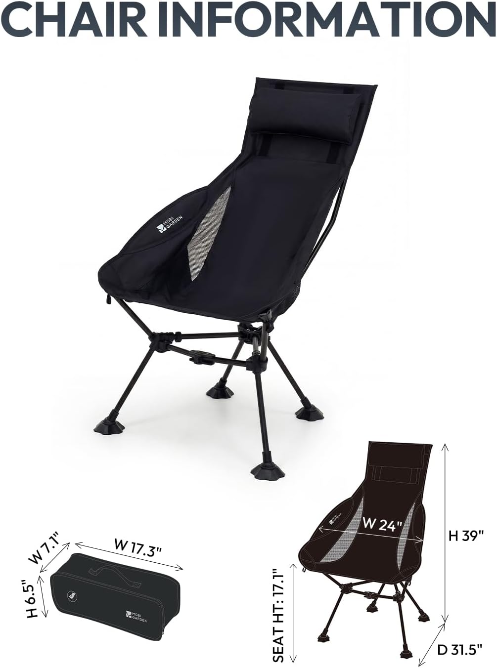 MOBI GARDEN 400Lb High Back Camping Chair, Portable Chair for Adults