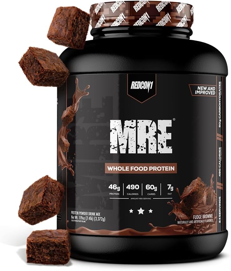 REDCON1 MRE Whole Food Protein Powder, Fudge Brownie - Meal Replacement Made with Animal and Plant Based Protein Sources, Nutrient and Calorie Dense, 0g Added Sugar (24 Servings)