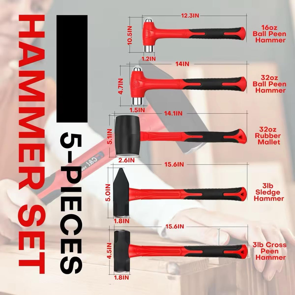 C&T 5-Piece Hammer Set, 16oz Ball Peen Hammer | 32oz Ball Peen Hammer | 32oz Rubber Mallet | 3lb Sledge Hammer | 3lb Cross Peen, Fiberglass Handle & Mallet Set