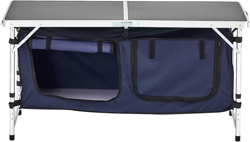 VEVOR Camping Kitchen Table, Folding Outdoor Cooking Table, 3 Adjustable Height, Aluminum Lightweight Portable Cook Station with Storage Organizer, Carry Handle, for BBQ Party Picnic RV Travel, Blue