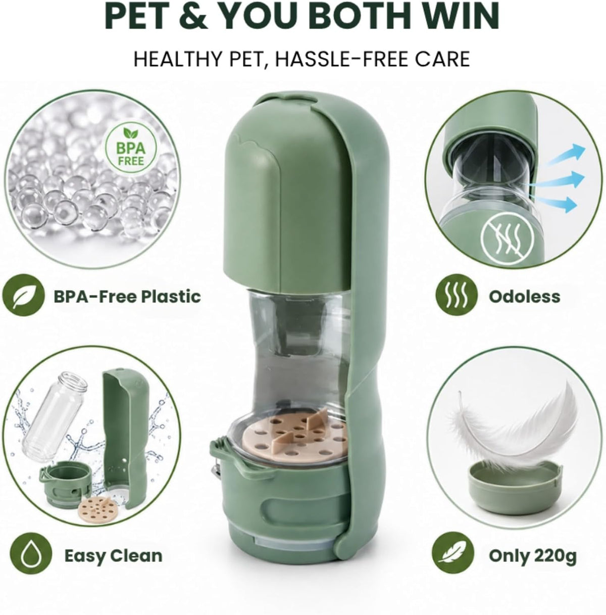 2 in 1 Portable Dog Water Bottle, Leak-Proof Pet Water Dispenser with Food Container, BPA Free Travel Dog Water Bottle with Filter, Hygienic Flip Cover Drinking Feeder for Walking Outdoor (Green)