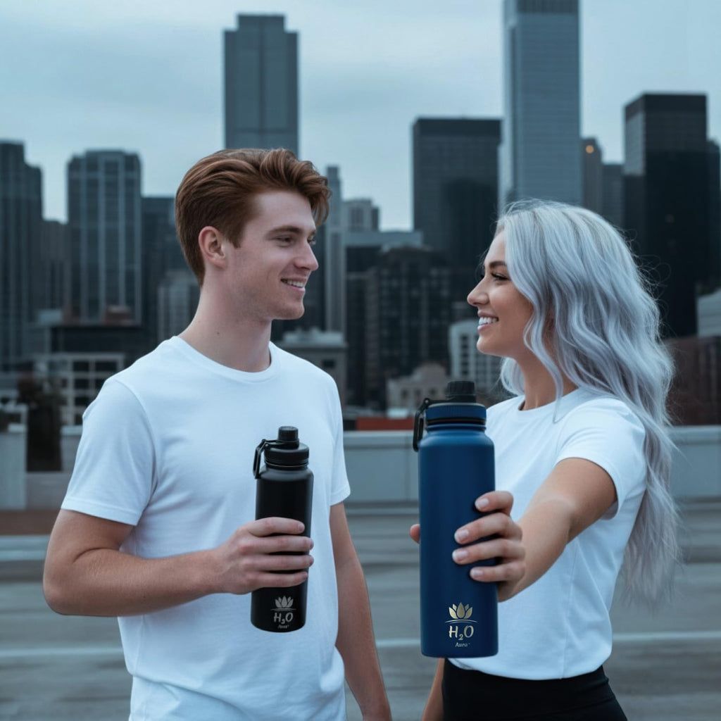 Premium 1 Liter Water Bottle (33.8 oz) with Carrying Case & Strap - Double Wall Vacuum Insulated Stainless Steel Water Bottle - Leakproof Lid, Wide Mouth, BPA-Free, Removable Strainer – Black