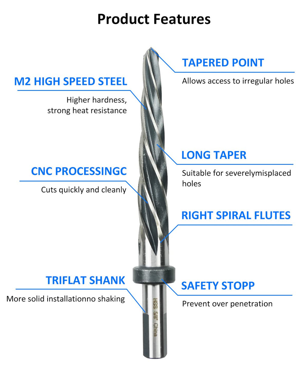 5/8" Drill Bridge/Construction Reamer Bit with 1/2" Shank HSS Taper Chucking Reamer Bit Tool for Steel Metal Wood Alloy Drilling Hole
