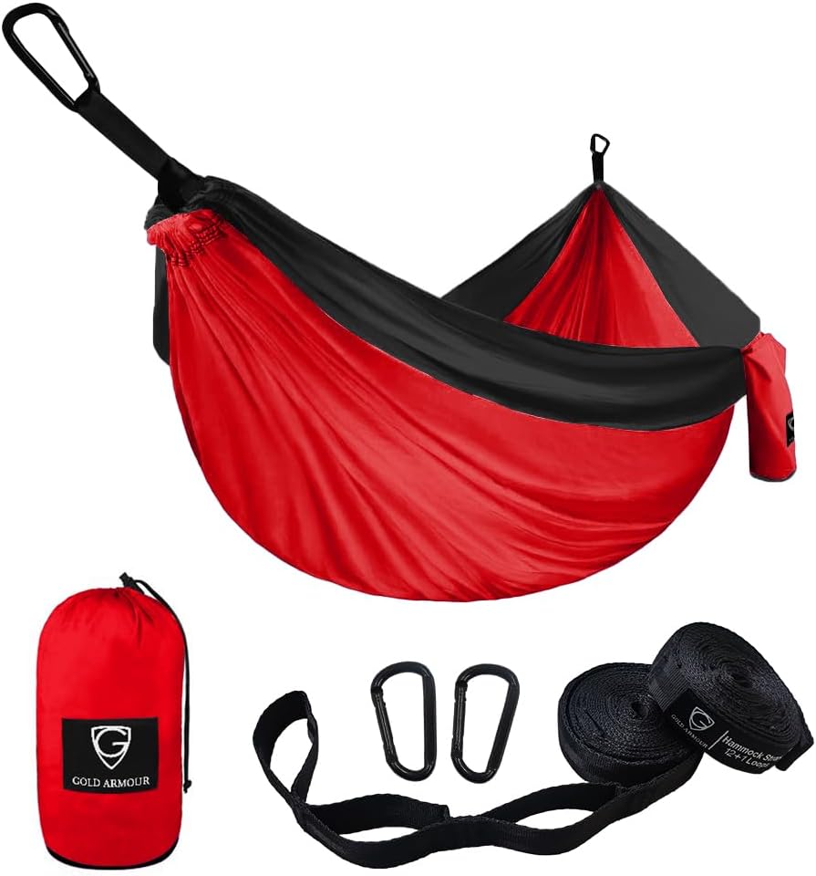 Gold Armour Camping Hammock - XL Double Hammock Portable Hammock Camping Accessories Gear for Outdoor Indoor with Tree Straps, USA Based Brand (Black and Purple)