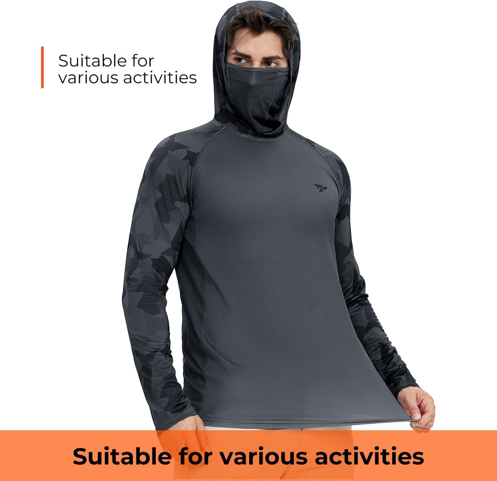 Rodeel UPF 50+ Men’s Long Sleeve Performance Fishing Hiking Shirt with Mask UV Neck Gaiter Hoodie