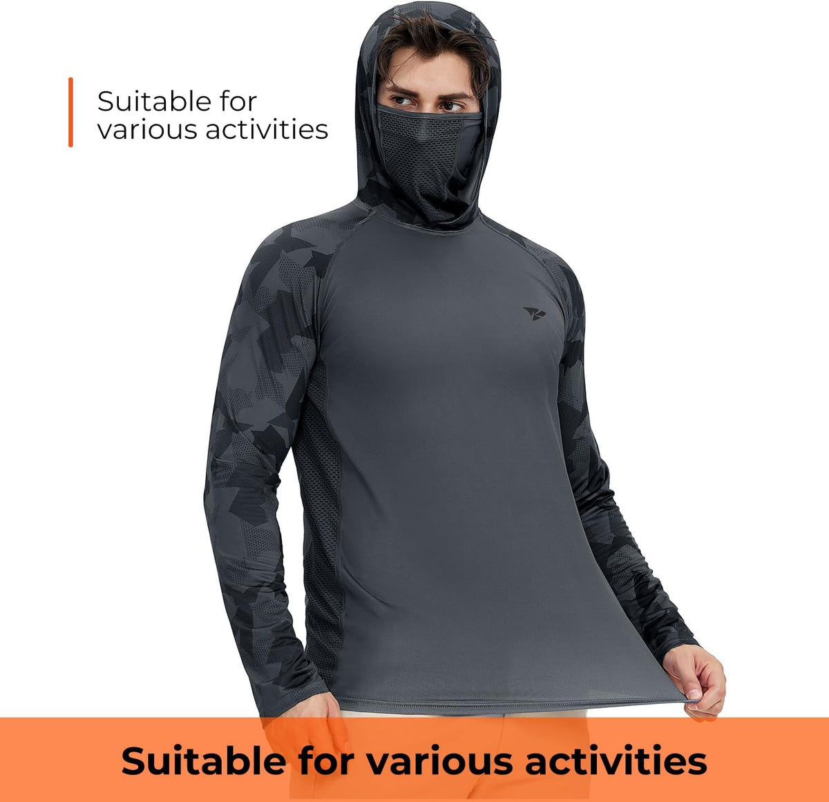 Rodeel UPF 50+ Men’s Long Sleeve Performance Fishing Hiking Shirt with Mask UV Neck Gaiter Hoodie