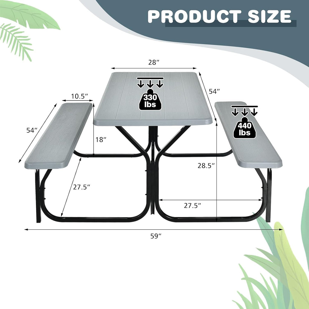 Tangkula Picnic Table Bench Set, Outdoor Picnic Table with 2 Benches, Metal Camping Table with Plastic Wood-Like Texture Tabletop & Steel Frame, Ideal for Picnic, Party, Garden, Lawn (Grey)