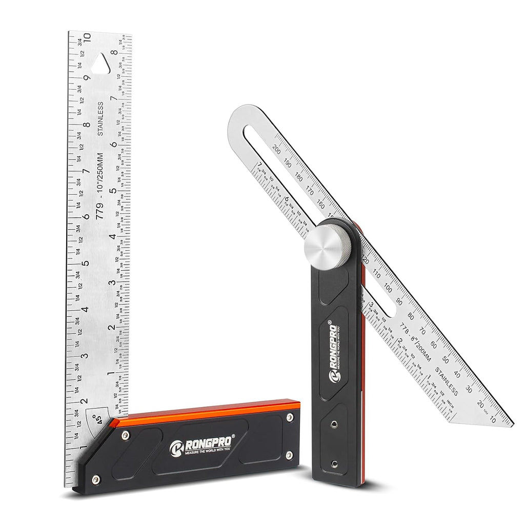 4Pcs Woodworking Tools -7''Aluminum Rafter Square,12''Adjustable Protractor Angle Finder,10'Woodworking Square Ruler and T-Bevel Gauge-1/16 Precision…