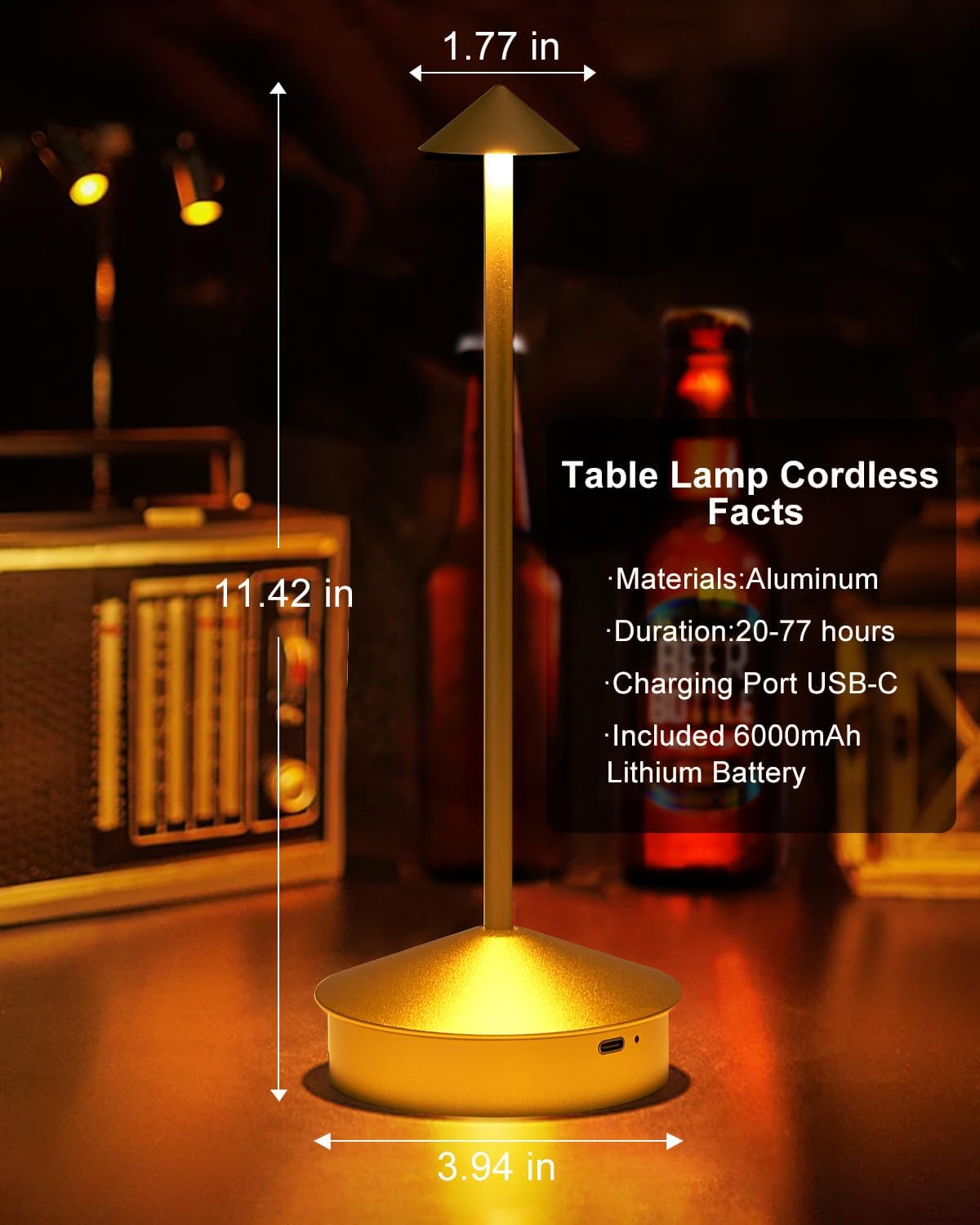 2 Pack Aluminum Cordless Table Lamp, 6000mAh Rechargeable Table Lamps, Portable Touch LED Lamp, Outdoor Waterproof Dimmable Cordless Rechargeable Table Lamps for Restaurant/Patio-(Gold)