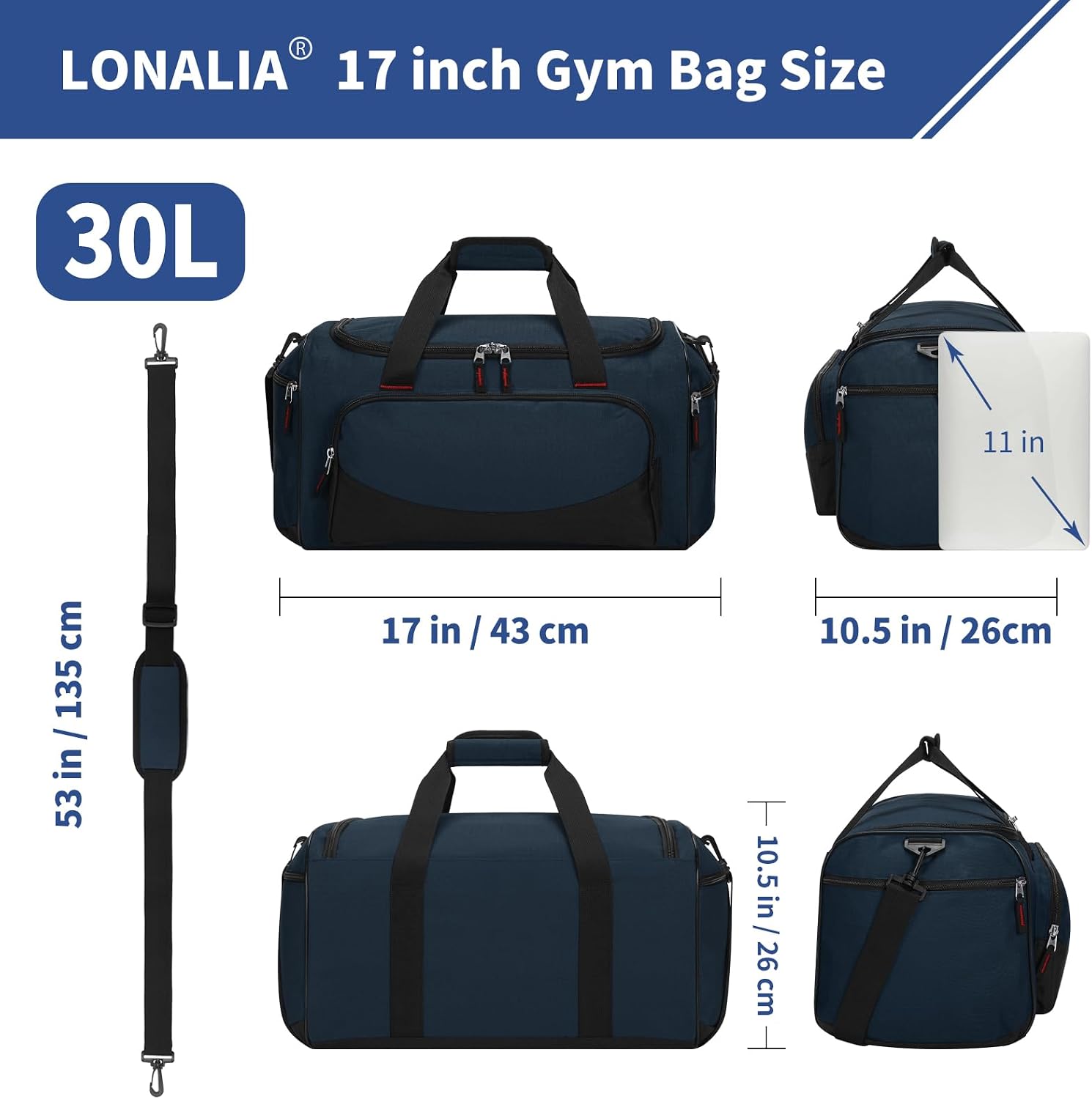 30L Gym Sport Duffle Bag, 17 inch, Navy Blue