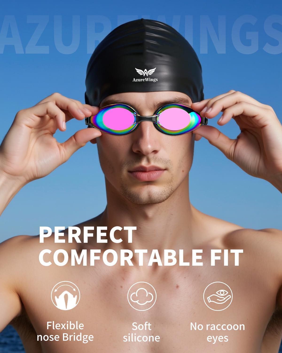 Swim Goggles and Swim Cap Set for Adults, Anti-Fog Leakproof UV Protection Swimming Goggles with Silicone Cap